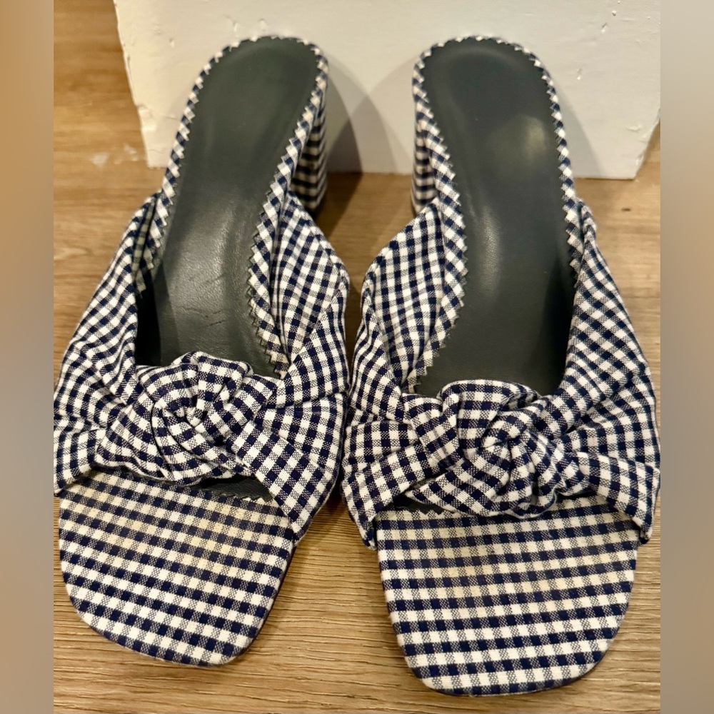 Knotted block-heel sandals in navy gingham size 9